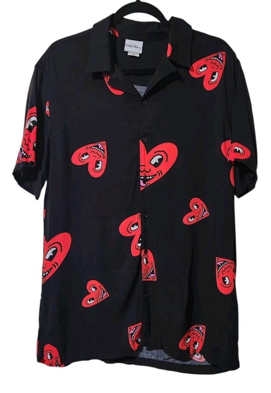 Keith Haring Camp Shirt Mens Black Red Graphic Button Up Heart Faded Sz M Rayon